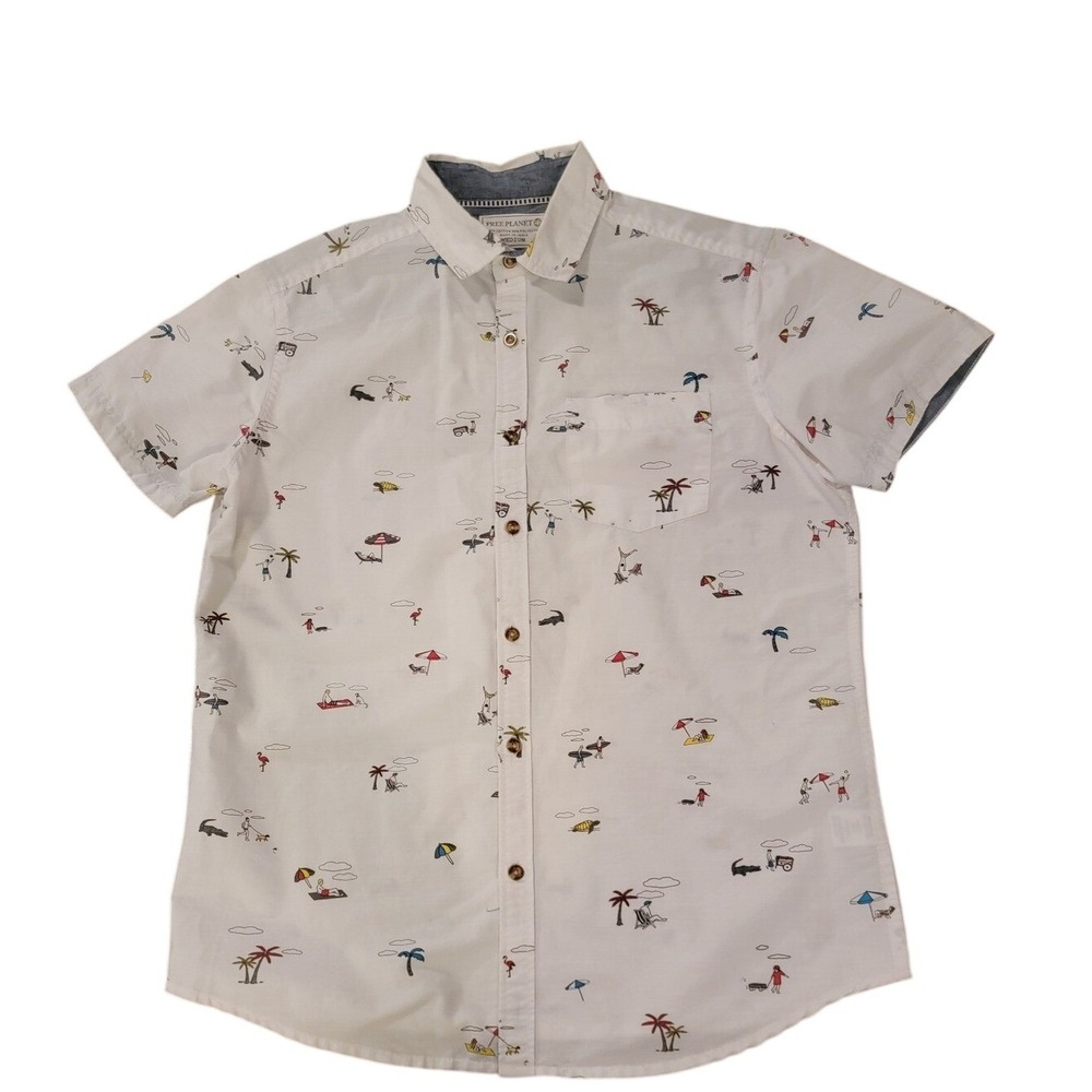 FREE PLANET Y2K‎ Mens White All Beach Scene Print Short Sleeve Button Up Shirt M